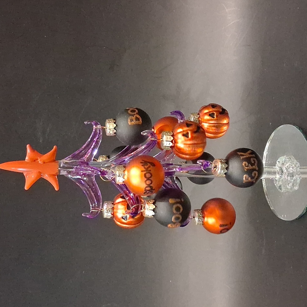 HALLOWEEN Tree 8" Blown Glass PUMPKINS & GLITTER SAYINGS with 12 Ornaments